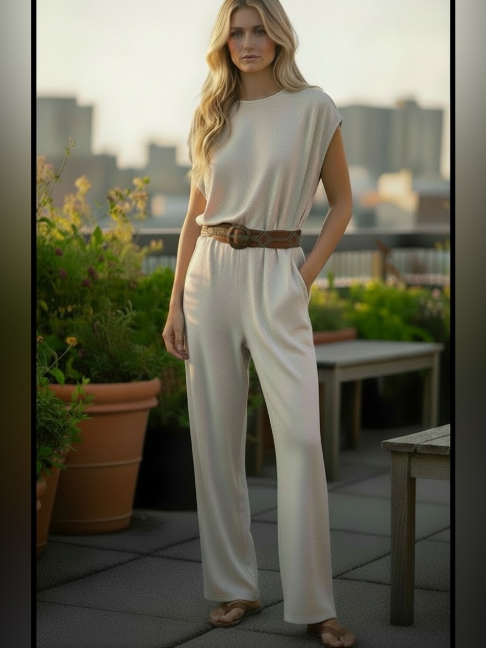 Sleeveless Cream Wide-Leg Jumpsuit with Braided Belt